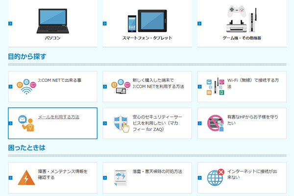 J:COMのNETサービスのサポート画面