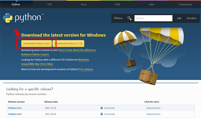 「Download Python 3.6.4」をクリックして、インストーラーをダウンロード