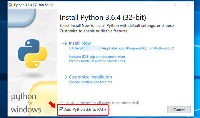 Pythonをインストールする際に「Add Python 3.6 to PATH」にチェック