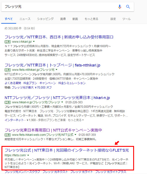 インターネットで「フレッツ光」と検索してみても、1～4番目に表示されているのは公式サイトではありません。5番目にやっと「フレッツ光公式サイト」が表示されています