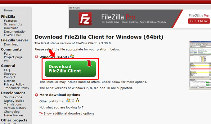 インストール版を使う場合には、次の画面で表示される「Download FileZilla Client」をクリックします