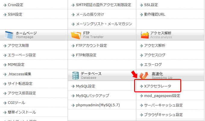 「エックスアクセラレータ Ver.2」は、サーバーパネルにログイン後、「高速化」の項目の「Xアクセラレータ」から実行します。