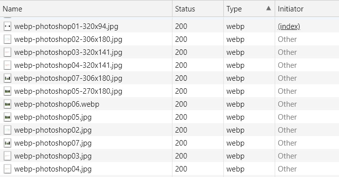 .htaccessにより画像が書き換えられている為、JPEGの画像がリクエストされていますが、ブラウザが対応している場合には、WebPの画像が表示されています。ChromeのDevToolsで確認すると、それを確認することが出来ます。