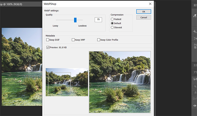 PhotoshopでWebP形式で画像を保存するには、「書き出し」ではなく「保存」や「別名で保存」から画像を保存します。すると「ファイルの種類」で「WebP」が選択できるようになっており、ダイアログから「プレビュー」にチェックを入れることで、画像の具合を確認しながら圧縮することも可能です。